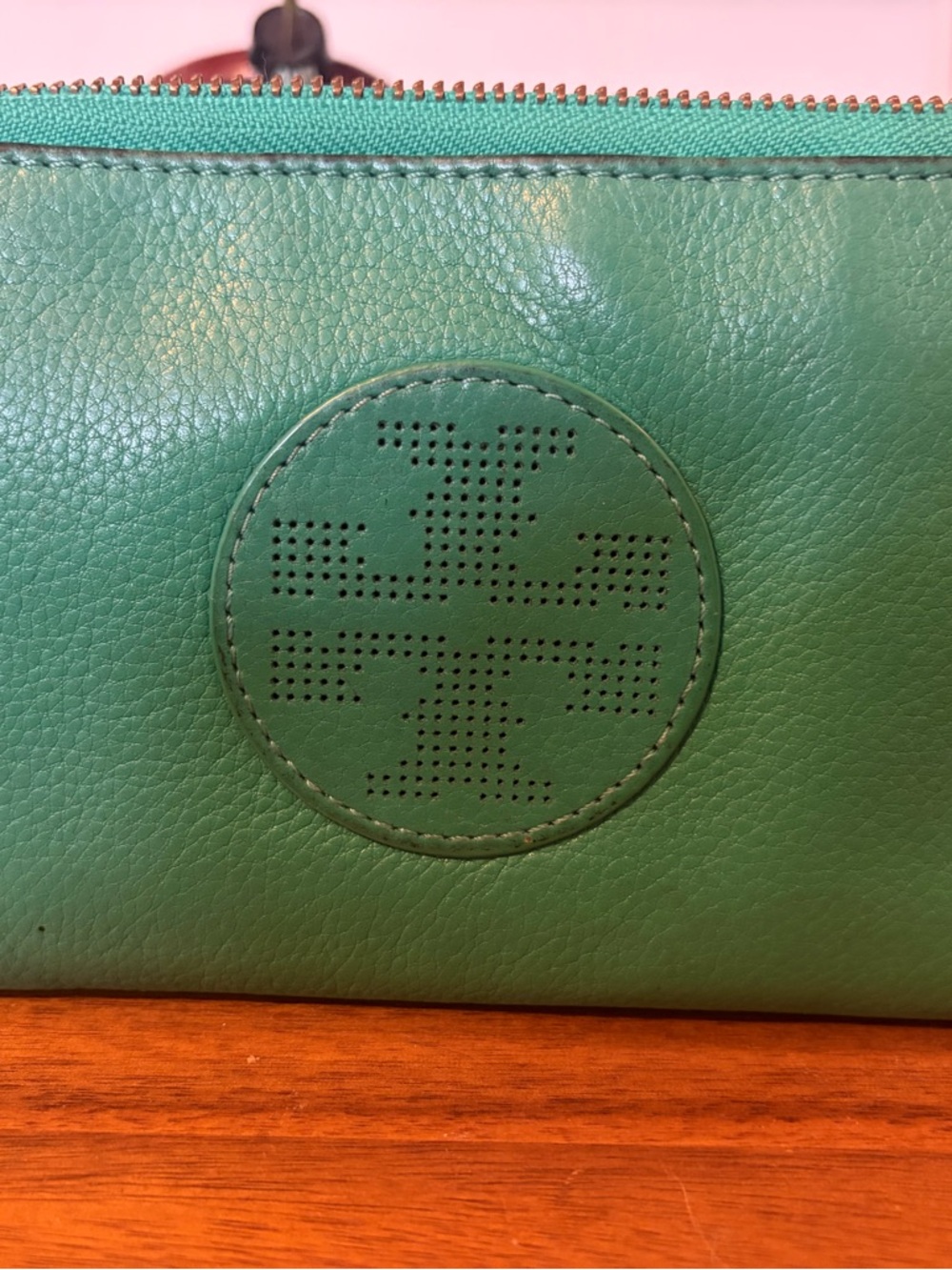 Tory Burch Emerald Green Leather Cosmetic Pouch with Perforated Logo